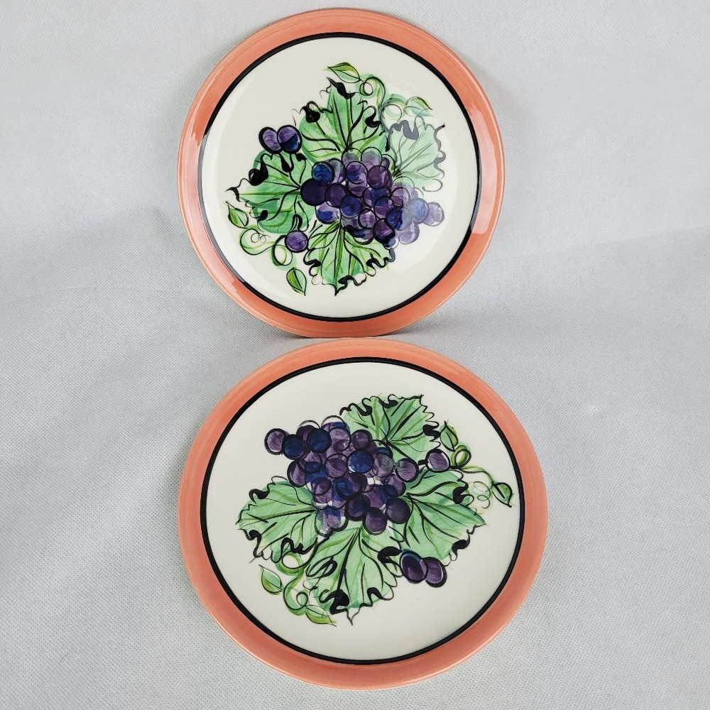 Vicki Carroll BON APPETIT  2-Salad Plates Signed 1995 8" Grapes Ceramic Pottery
